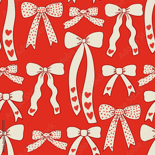 Seamless pattern with various hand drawn bows and hearts. Vector flat background. Holiday valentines day clipart in coquette aesthetic