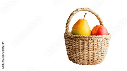A rustic basket filled with fresh, ripe fruits including a vibrant yellow pear and a red apple, perfect for healthy eating and vibrant living.