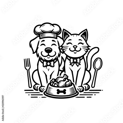 Creative logo design of happy cat and dog ​​eating sitting, wearing a chef hat, ideal for pet food brands.