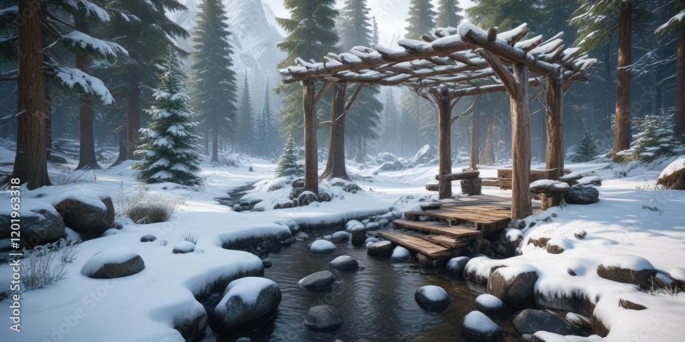 Fototapeta premium An arbor in the mountains amidst towering firs covered in snow with a frozen stream and surrounding rocks, snowy landscape, frosty woods, mountain scenery
