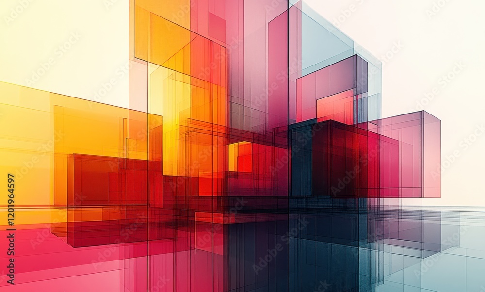 Abstract composition of translucent geometric shapes in vibrant colors of orange, red, and blue, creating a dynamic visual experience with depth and perspective. Abstract composition of translucent geometric shapes in vibrant colors of orange, red, and blue, creating a dynamic visual experience with depth and perspective.