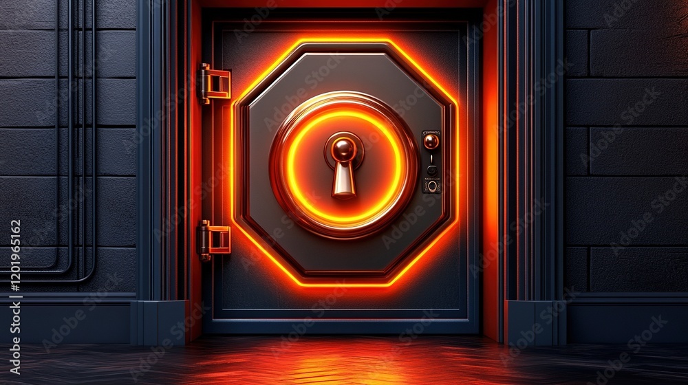 Fototapeta premium Illuminated vault door in dark room.