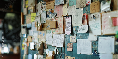 A crowded bulletin board filled with handwritten notes, colorful papers, and pinned reminders, creating a vibrant, chaotic display of organization, creativity, and communication photo