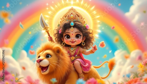Adorable Goddess Durga Riding Lion Rainbow Art