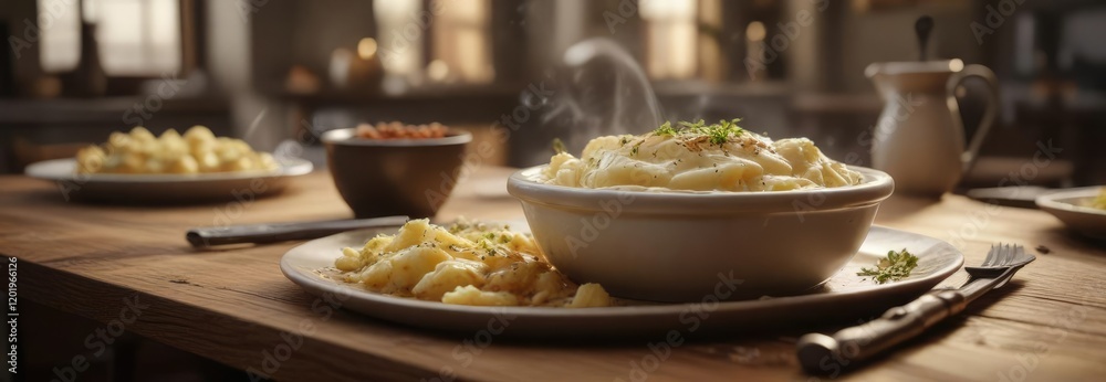 A steaming hot bowl of mashed potatoes and gravy on a table, , gravy, mashed potatoes A steaming hot bowl of mashed potatoes and gravy on a table, , gravy, mashed potatoes