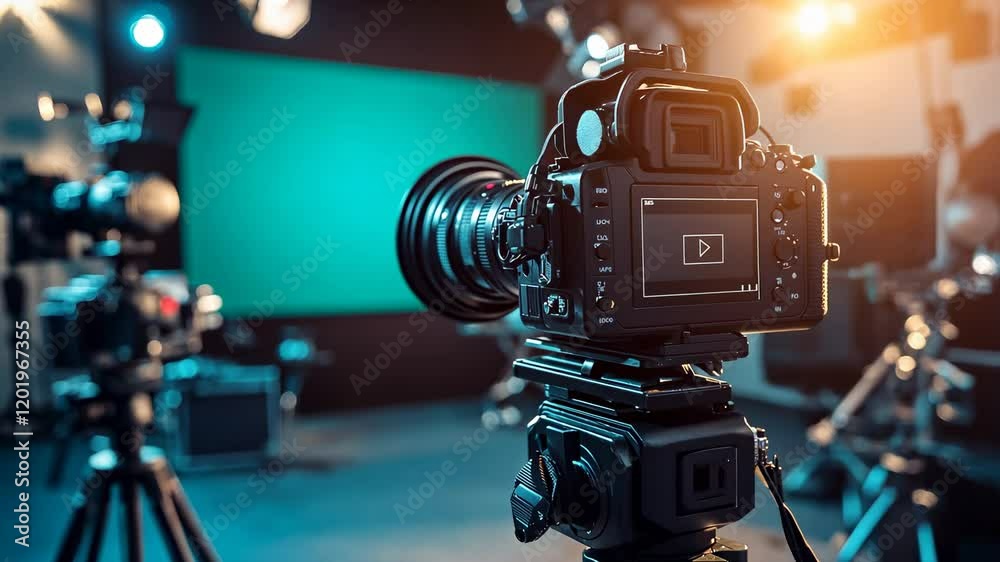 A modern television studio with cameras and lighting equipment, a green screen backdrop, and a professional production setup.