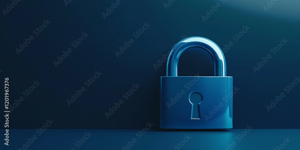 A shiny blue padlock standing upright against a dark gradient background, symbolizing security, safety, and protection in a minimalist and modern design concept. A shiny blue padlock standing upright against a dark gradient background, symbolizing security, safety, and protection in a minimalist and modern design concept.