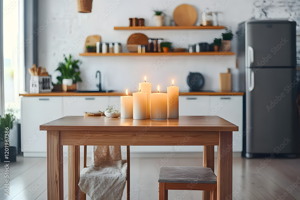Candles on wooden table in modern kitchen Candles on wooden table in modern kitchen