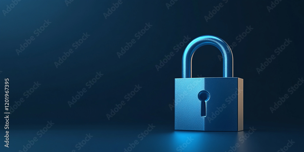 Fototapeta premium A shiny blue padlock standing upright against a dark gradient background, symbolizing security, safety, and protection in a minimalist and modern design concept.