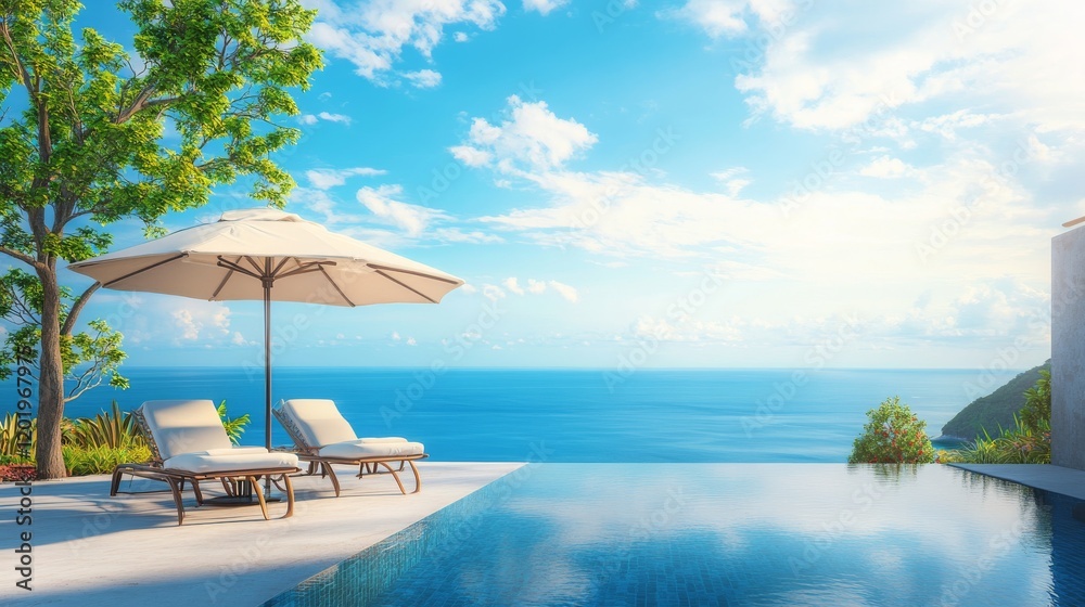 Fototapeta premium Fantastic private villa, terrace view with sun beds chairs under umbrella, luxury pool hotel stunning summer pattern. Beautiful spa or wellness, recreational vacation resort tourism. Tranquil sea sky