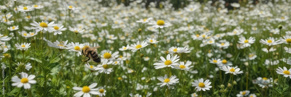 A striped bee sits serenely amidst a sea of white wildflowers swaying gently in the breeze, insect behavior , natural beauty A striped bee sits serenely amidst a sea of white wildflowers swaying gently in the breeze, insect behavior , natural beauty