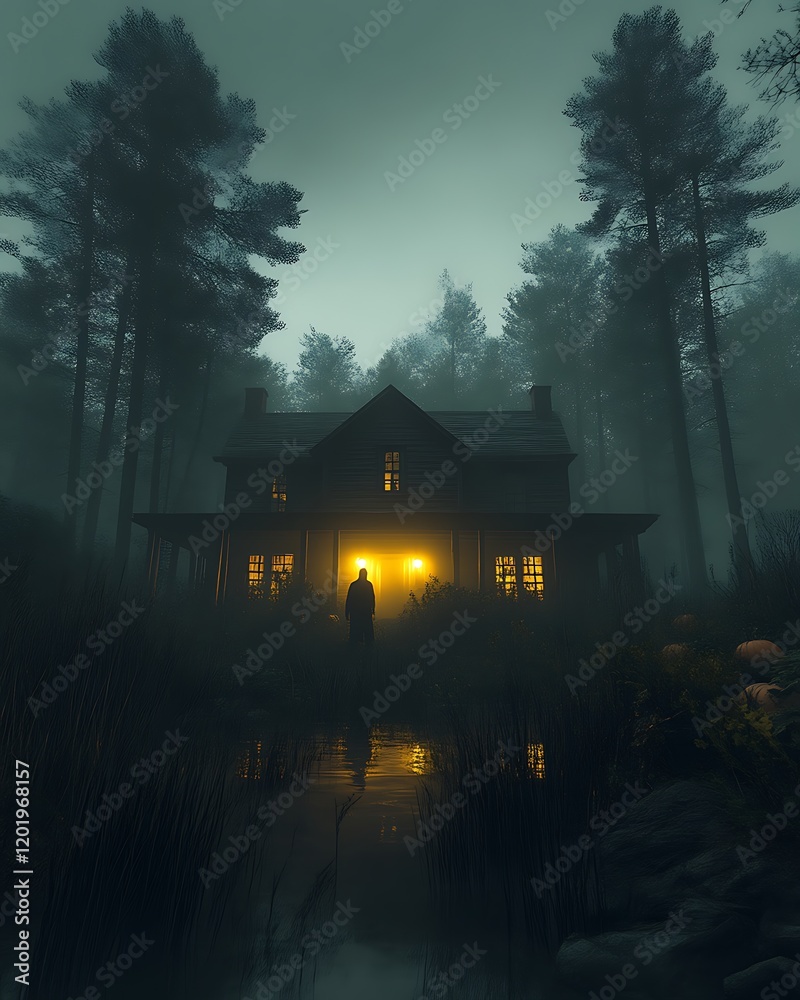 Foggy night, mysterious house, shadowy figure. Foggy night, mysterious house, shadowy figure.
