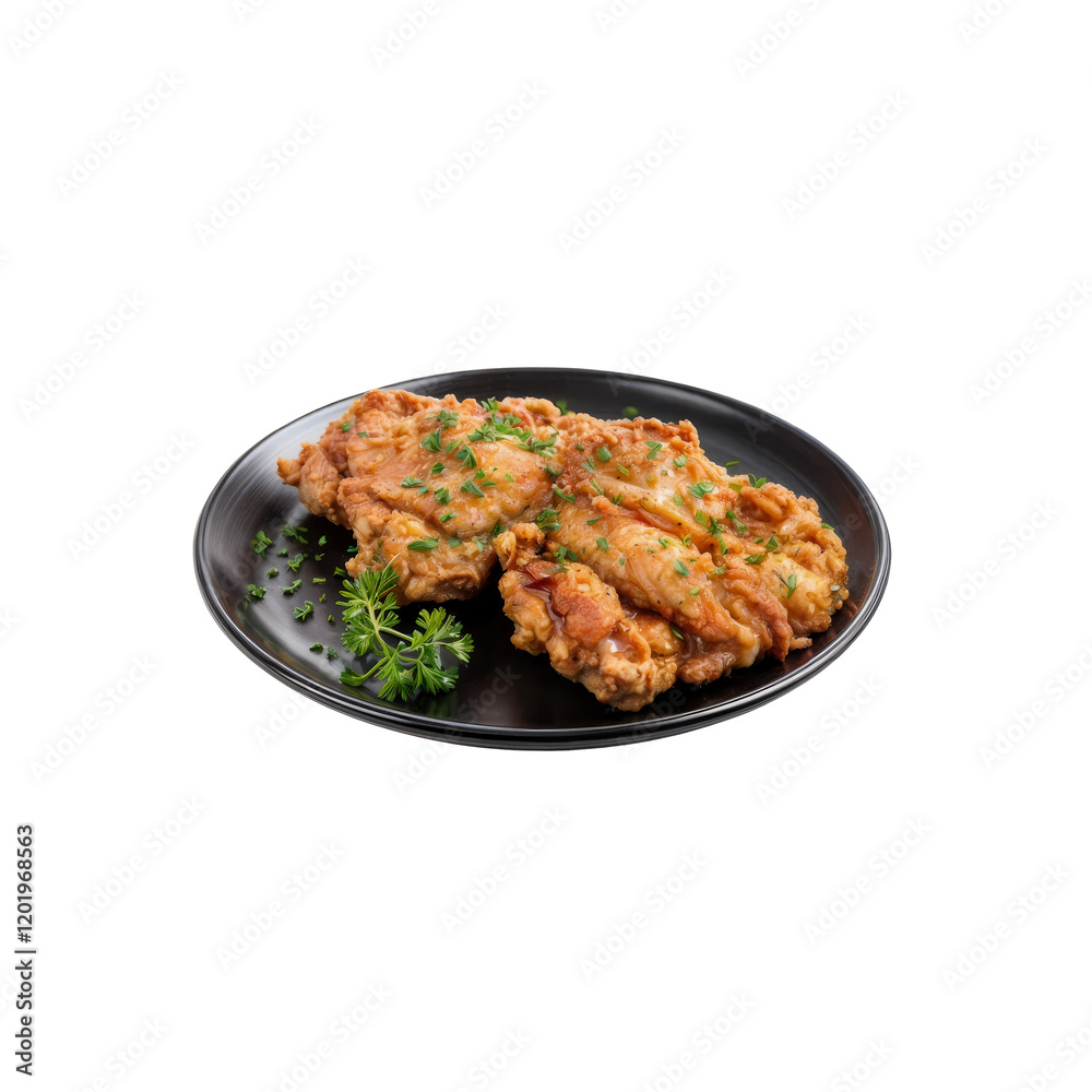 Crispy Fried Chicken: Two golden-brown pieces of fried chicken, crispy and juicy, are artfully arranged on a sleek black plate, garnished with fresh herbs. The image is a delicious still life. Crispy Fried Chicken: Two golden-brown pieces of fried chicken, crispy and juicy, are artfully arranged on a sleek black plate, garnished with fresh herbs. The image is a delicious still life.
