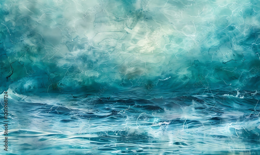 Ocean-inspired background featuring both calm and turbulent waves in blue-green hues