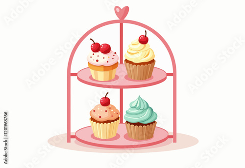 Flat Design Cake Stand Kawaii Cupcakes Pastel Simple Illustration Vector White Background No Shadows Soft Lines Afternoon Tea Rack Cute
