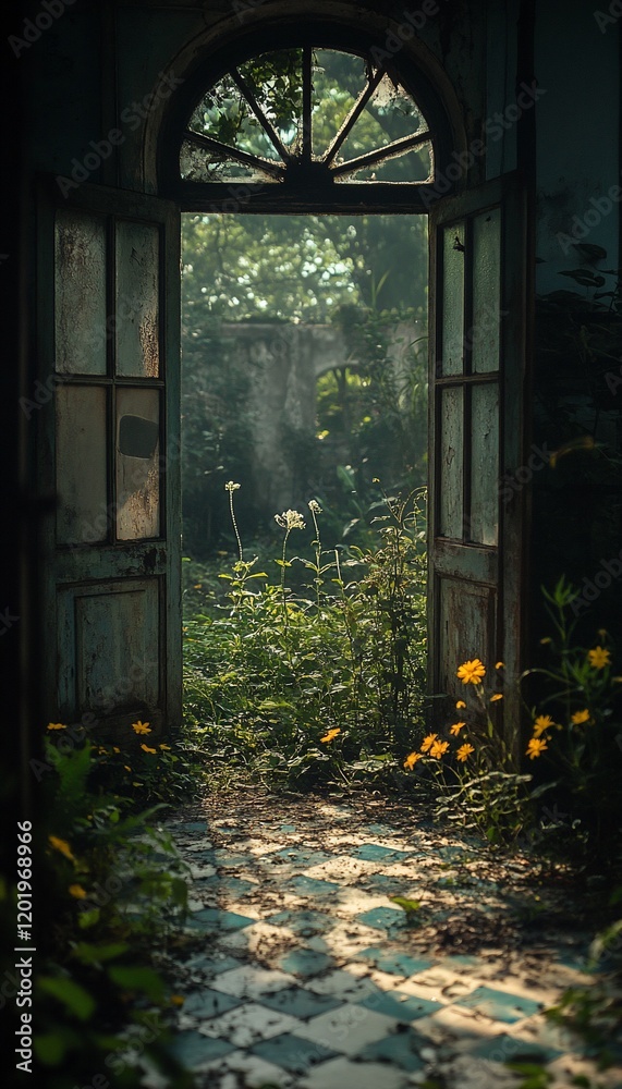 Overgrown doorway reveals sunlit garden; abandoned building Overgrown doorway reveals sunlit garden; abandoned building