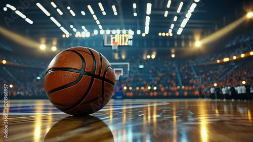 basketball on the court in an indoor arena with blurred fans in the background, 3D rendering for a sports event or match concept, 