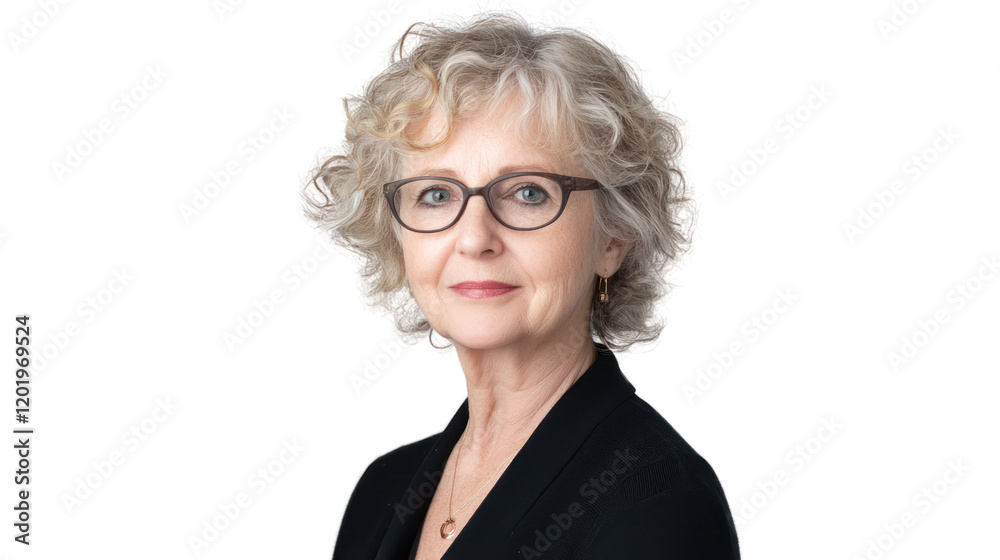 Obraz premium A thoughtful older woman with curly hair and glasses, showcasing wisdom and experience. Bright expression implies confidence and warmth.