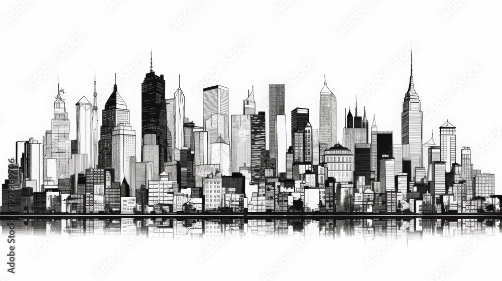Naklejka premium Urban Skyline Silhouette: A striking black and white silhouette of a modern cityscape, showcasing a dense collection of skyscrapers with reflections shimmering on a calm body of water.