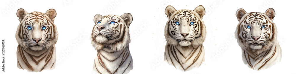 Four stylized tiger heads showcasing distinct expressions and fur patterns, emphasizing their majestic features and captivating eyes. Four stylized tiger heads showcasing distinct expressions and fur patterns, emphasizing their majestic features and captivating eyes.