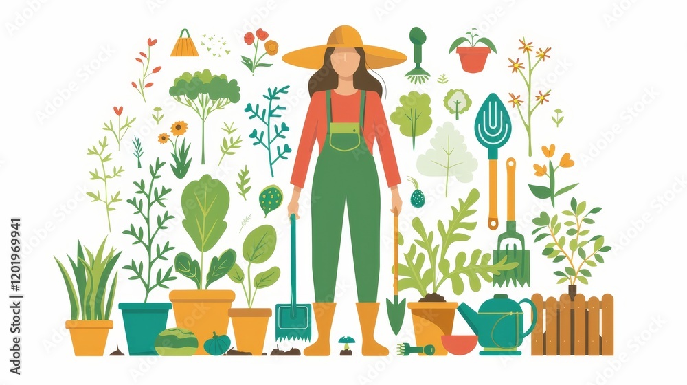 Fototapeta premium A woman in gardening attire surrounded by plants and gardening tools, promoting gardening and nature.