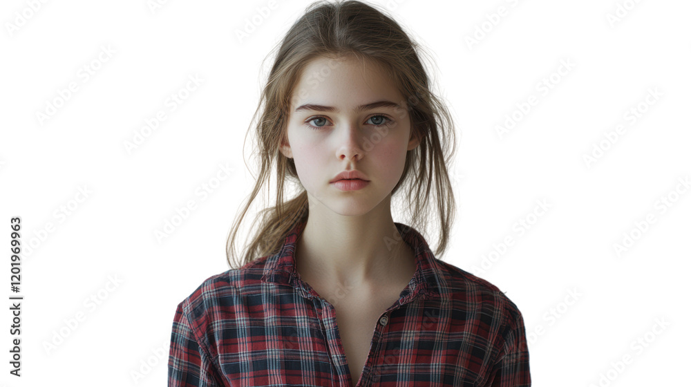A young woman with a serious expression, dressed in a plaid shirt, standing against a plain background. Captures beauty and introspection. A young woman with a serious expression, dressed in a plaid shirt, standing against a plain background. Captures beauty and introspection.