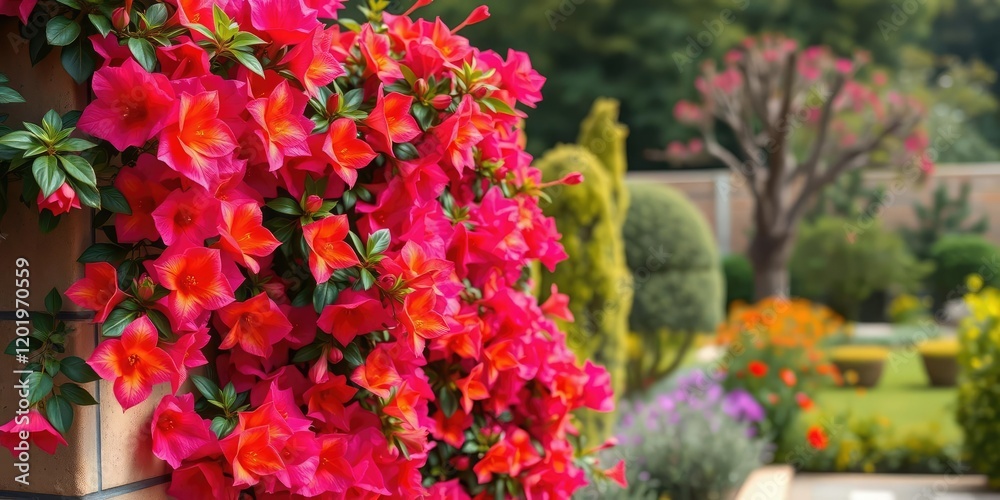 Fototapeta premium A stunning wall covered in bright pink and orange bougainvillea blooms against a tranquil garden backdrop, bougainvillea, purple, natural