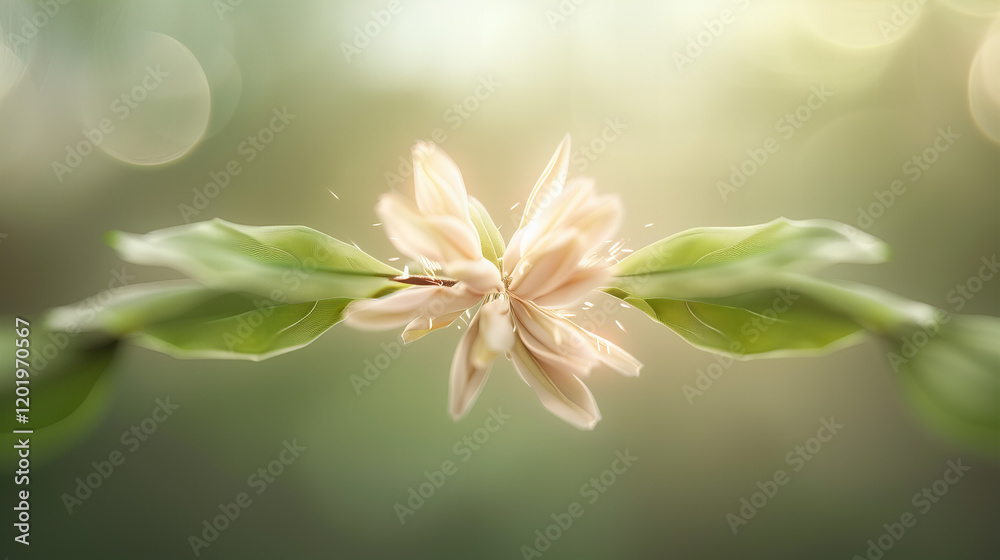 Fototapeta premium Delicate flower blossoms between green leaves in a softly lit natural setting