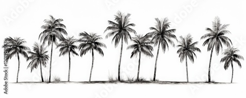 Collection of Black and White line art illustrations, Tropical beach with palm trees, and a vibrant sunset over the ocean