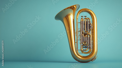 Shiny tuba on blue background, perfect for music themes photo