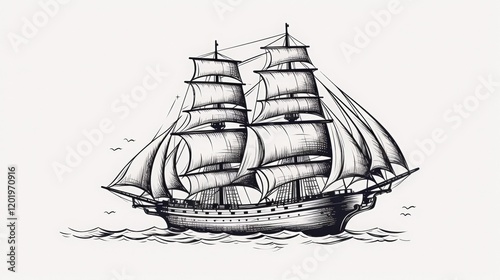 Collection of Black and White line art illustrations, Vintage sailing ship gliding on the ocean waves with tall masts and billowing sails