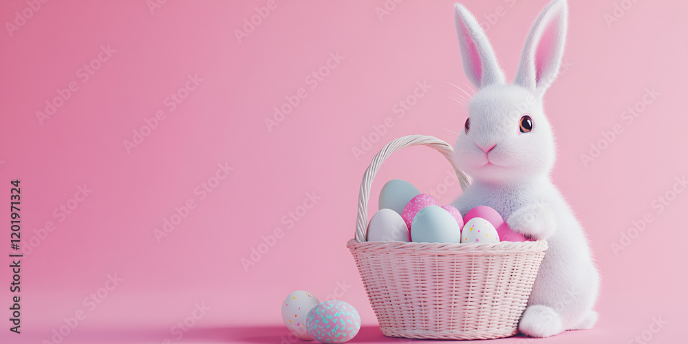 White Bunny with Easter Egg Basket on Pink Background White Bunny with Easter Egg Basket on Pink Background