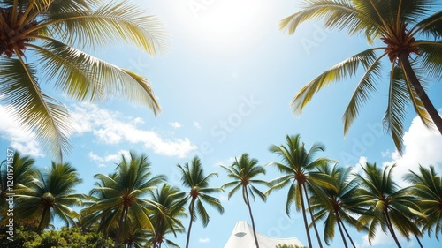 Wallpaper Mural A sunny day at a tropical island with swaying palm trees and a blue sky, warm, relaxed, scenery Torontodigital.ca