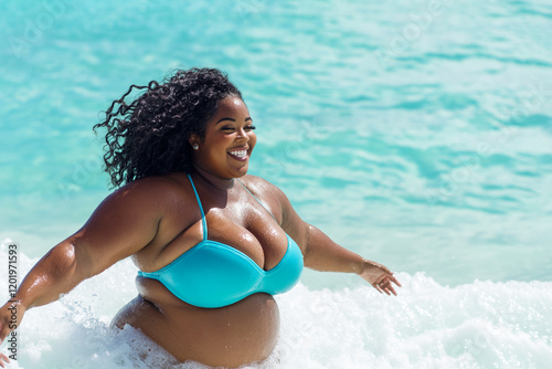Beautiful happy black plus size woman on beach on clear sunny day, with sea and waves in background