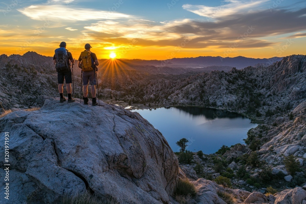 Obraz premium Two Hikers Admire Sunset from Rocky Mountain Peak