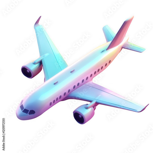 An airplane fluid holographic iridescent 3D render icon, isolated on a transparent background.
