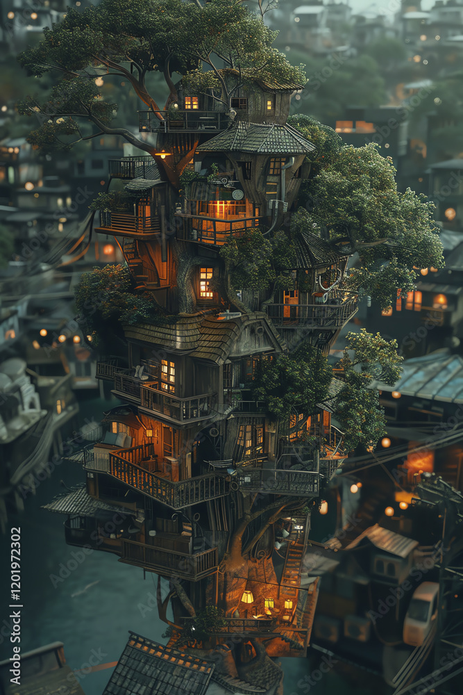 Fototapeta premium a mystical treehouse incorporated into a bustling cityscape, shot from a surprising aerial perspective Medium