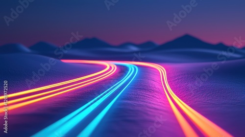 Vibrant Neon Light Trails in Landscape