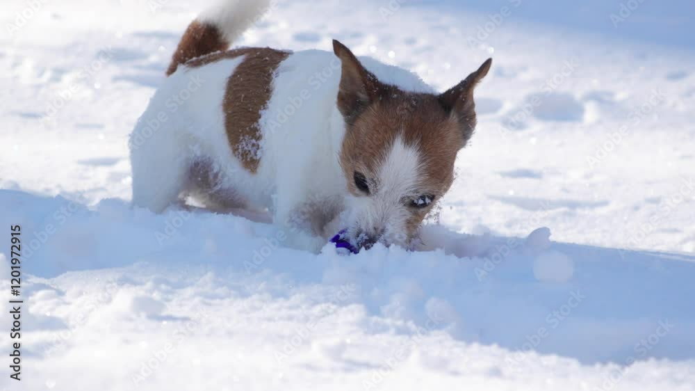 A Jack Russell Terrier enjoys chewing a toy while lying in the snow, creating a relaxed winter scene. A Jack Russell Terrier enjoys chewing a toy while lying in the snow, creating a relaxed winter scene.