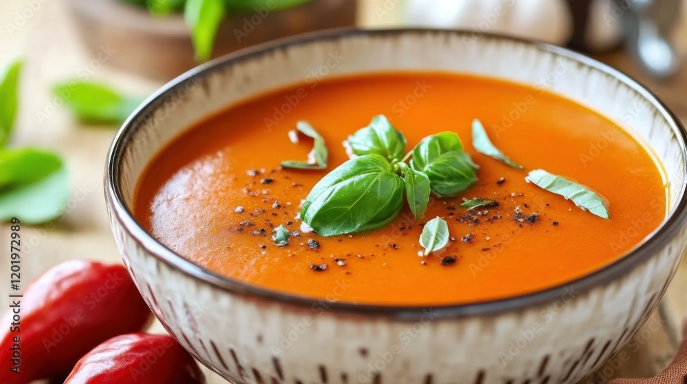 Image of rice and roasted red pepper soup with basil and garlic in a ceramic soup bowl, emphasizing rich and aromatic flavors. Ideal for autumn recipes and healthy comfort food. Image of rice and roasted red pepper soup with basil and garlic in a ceramic soup bowl, emphasizing rich and aromatic flavors. Ideal for autumn recipes and healthy comfort food.