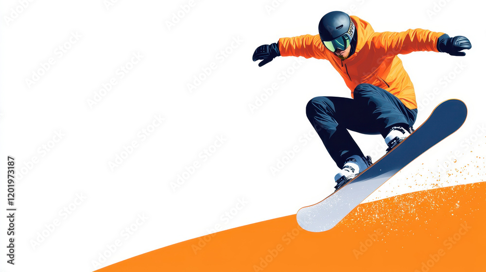 Fototapeta premium Snowboarder performing trick in vibrant orange and blue colors