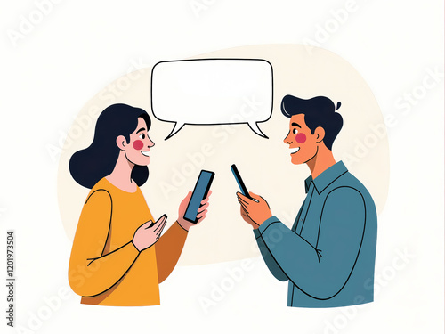Two people with speech bubbles saying the same thing, represented by flat digital illustration