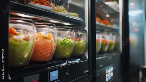 A meal-prep vending machine dispensing salmon poke bowls and spirulina drinks. photo