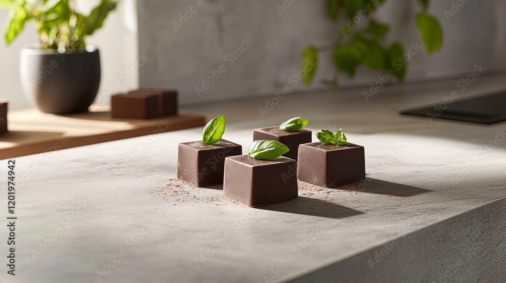 A minimalist countertop showcasing cube-shaped chocolates infused with basil. A minimalist countertop showcasing cube-shaped chocolates infused with basil.
