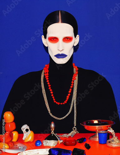 Avant-garde portrait of a pale-faced individual with bold red eye makeup and striking blue lips, wearing red beaded and gold chain necklaces photo