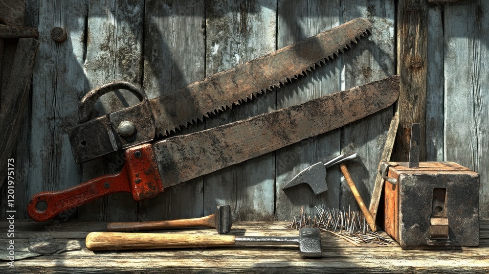 Rustic old tools on weathered wood. Rustic old tools on weathered wood.