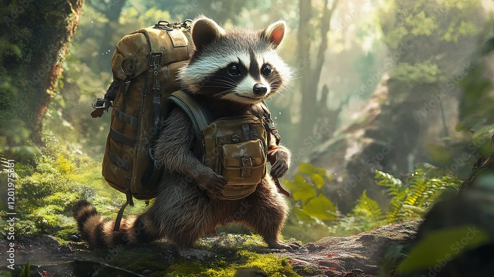 Obraz premium A mischievous raccoon wearing a tiny explorers backpack in a lush forest.