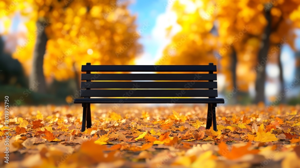Autumnal Park Bench in Golden Leaves - Serene autumn scene, symbolizing peace, reflection, solitude, change, and nature's beauty. A park bench sits amidst fallen leaves. Autumnal Park Bench in Golden Leaves - Serene autumn scene, symbolizing peace, reflection, solitude, change, and nature's beauty. A park bench sits amidst fallen leaves.