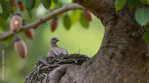 A turtledove peers out from the safety of its nest at the base of a sturdy almond tree trunk, twig, avian, branch
