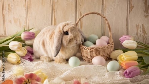 Gentle Springtime Scene with Rabbit and Easter Basket photo